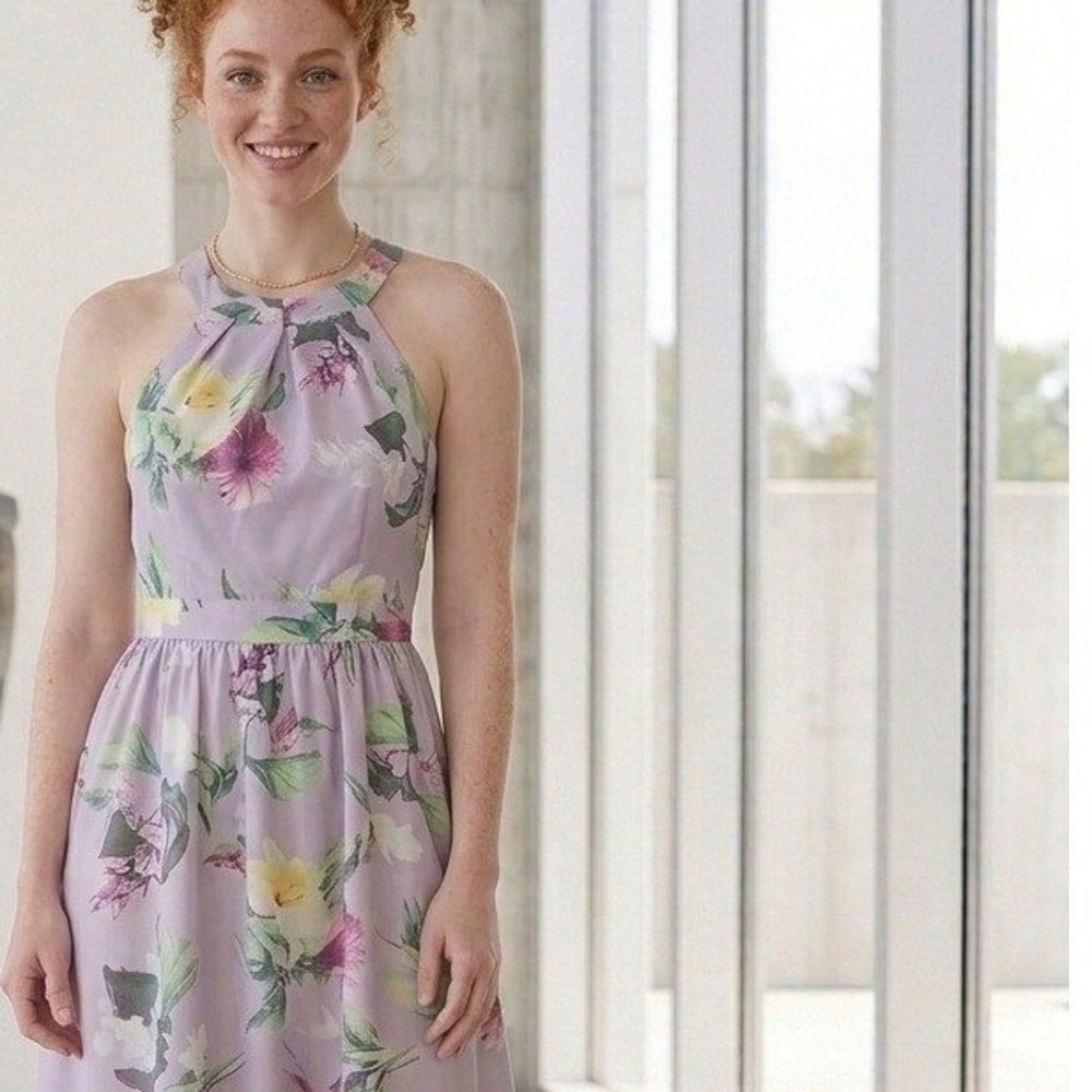 Unique Vintage‎ Lavender Floral Halter Midi Dress Purple Women XS Prom Feminine